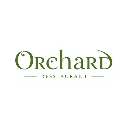 AI Design for The word ORCHARD in modern English typography, but with a hint of Arabic calligraphy-inspired curves in the letters O or R.Sub-line “RESTAURANT” in clean modern font.