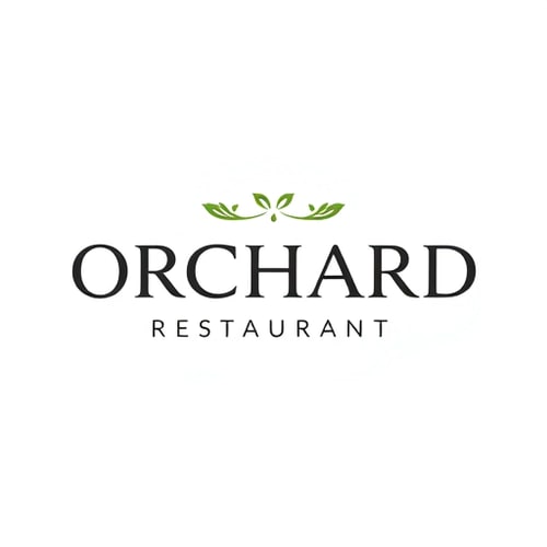AI Design for The word ORCHARD in modern English typography, but with a hint of Arabic calligraphy-inspired curves in the letters O or R.Sub-line “RESTAURANT” in clean modern font.