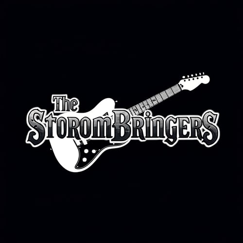 AI Design for change the guiter in the middle toa electric guiter and dont remove the thunder effect behind the guitar and change the text to a more metallic