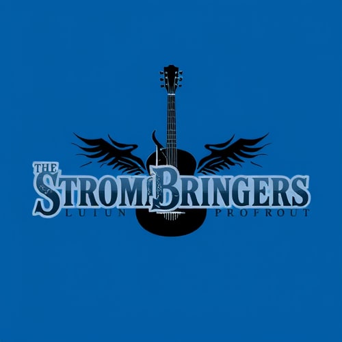 AI Design for Title - The StromBringers background blue a guiter in the middle black colour text in grey and