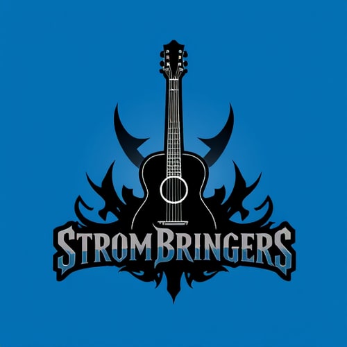 AI Design for Title - The StromBringers background blue a guiter in the middle black colour text in grey and
