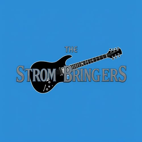 AI Design for Title - The StromBringers background blue a electric Guitar in the middle black colour text in grey and