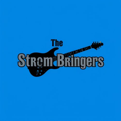 AI Design for Title - The StromBringers background blue a electric Guitar in the middle black colour text in grey and