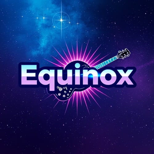 AI Design for Pictorial logo for a music brand named "Equinox": A cosmic background with a gradient of blues, purples, and pinks. The text "Equinox" features a light glow, and an electric guitar is incorporated into the design. Design inspired by psychedelic rock album art, with a retro-futuristic style. Visual execution includes swirling nebulae and starbursts, with the electric guitar rendered in a stylized, almost ethereal manner. Background type: Cosmic gradient.