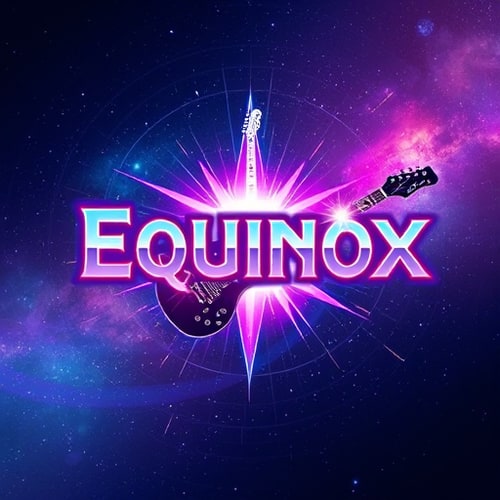 AI Design for Pictorial logo for a music brand named "Equinox": A cosmic background with a gradient of blues, purples, and pinks. The text "Equinox" features a light glow, and an electric guitar is incorporated into the design. Design inspired by psychedelic rock album art, with a retro-futuristic style. Visual execution includes swirling nebulae and starbursts, with the electric guitar rendered in a stylized, almost ethereal manner. Background type: Cosmic gradient.