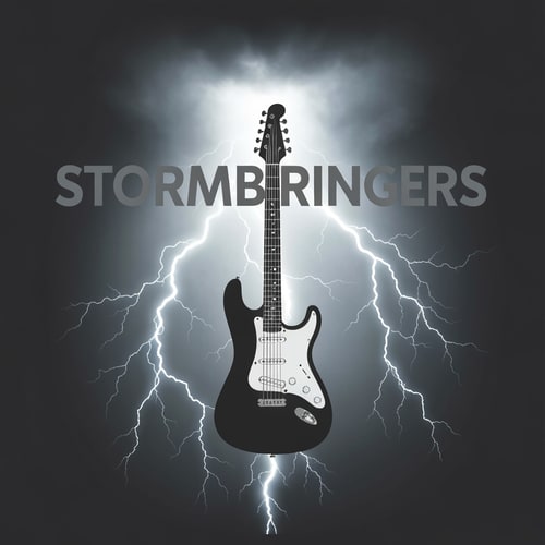AI Design for Title- The StormBringers text should be grey there should be an electric guitar in the centre and the theme should be thunder