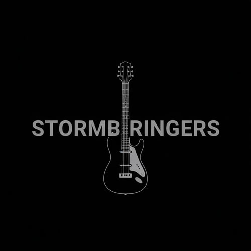 AI Design for Title- The StormBringers text should be grey there should be an electric guitar in the centre and background should be black