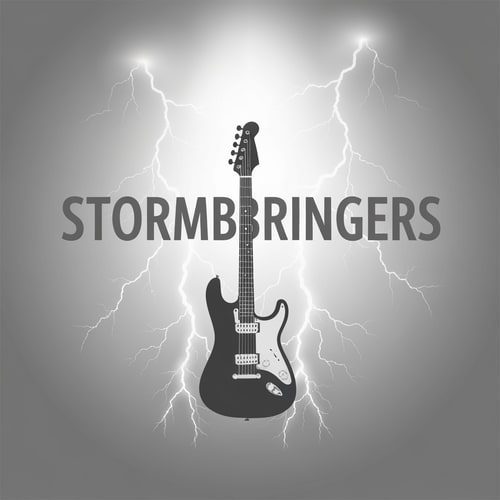AI Design for Title- The StormBringers text should be grey there should be an electric guitar in the centre and the theme should be thunder