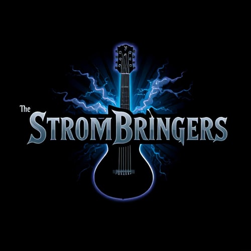 AI Design for Title - The StromBringers background blue a guiter in the middle black colour text in grey and thunder theme