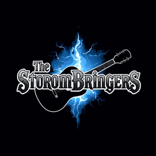 AI Design for Title - The StromBringers background blue a guiter in the middle black colour text in grey and thunder theme