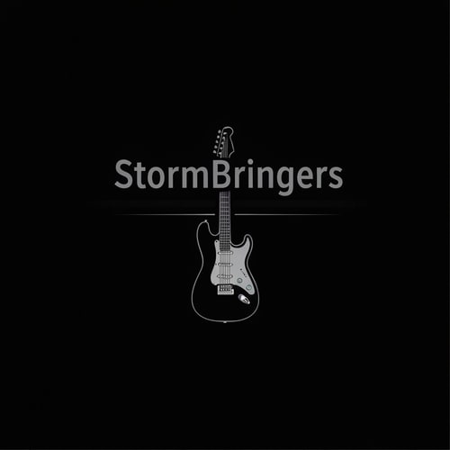 AI Design for Title- The StormBringers text should be grey there should be an electric guitar in the centre and background should be black