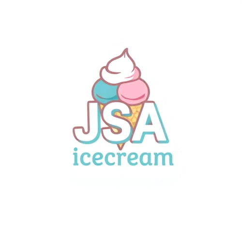 AI Design for Pictorial for an ice cream company JSA Icecream: a playful scoop of ice cream with a stylized "JSA" integrated into the scoop, White, light pastel blues and pinks, modern sans-serif typography, influenced by vintage ice cream packaging and modern minimalism, clean lines and smooth gradients, solid white background.