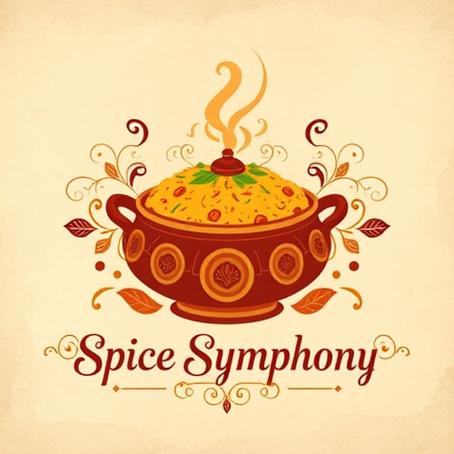 AI Design for Pictorial for a traditional Biryani shop named "Spice Symphony": A beautifully rendered illustration of a steaming pot of Biryani, with fragrant steam subtly rising, surrounded by delicate spice motifs. A rich, warm color palette of saffron yellow, deep crimson, and earthy brown, accented with hints of emerald green. Typography will be elegant and slightly ornate, evoking a sense of heritage. Design inspired by Mughal miniature paintings and traditional Indian culinary art, with intricate linework and a sense of regal flavor, executed with a hand-drawn aesthetic, on a subtly textured parchment background.