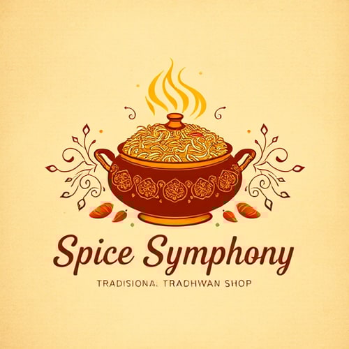 AI Design for Pictorial for a traditional Biryani shop named "Spice Symphony": A beautifully rendered illustration of a steaming pot of Biryani, with fragrant steam subtly rising, surrounded by delicate spice motifs. A rich, warm color palette of saffron yellow, deep crimson, and earthy brown, accented with hints of emerald green. Typography will be elegant and slightly ornate, evoking a sense of heritage. Design inspired by Mughal miniature paintings and traditional Indian culinary art, with intricate linework and a sense of regal flavor, executed with a hand-drawn aesthetic, on a subtly textured parchment background.