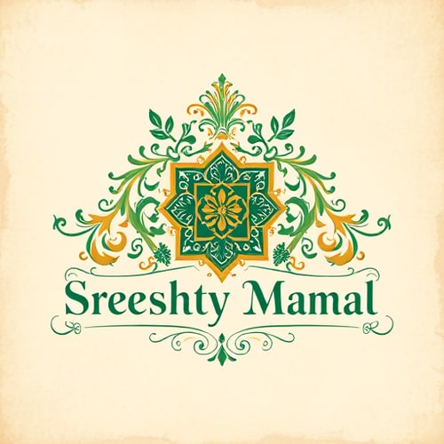 AI Design for Emblem for a classic, royal, and luxury art and craft business named "Sreeshty Mahal": A regal crest incorporating intricate floral motifs and subtle filigree, evoking a sense of heritage and exquisite craftsmanship, a rich, deep jewel-toned palette of emerald green, sapphire blue, and opulent gold with hints of antique ivory, elegant serif typography with calligraphic flourishes. Design with a Renaissance art influence and a Baroque stylistic direction, featuring detailed line work and shading to create depth and a sense of three-dimensionality, on a subtle parchment texture background, including a stylized paint brush.