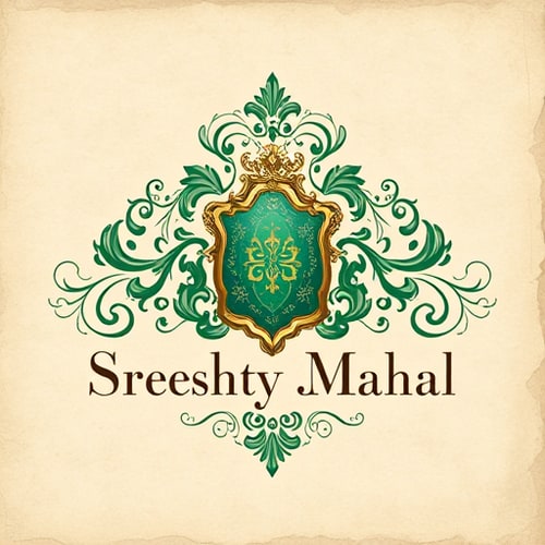 AI Design for Emblem for a classic, royal, and luxury art and craft business named "Sreeshty Mahal": A regal crest incorporating intricate floral motifs and subtle filigree, evoking a sense of heritage and exquisite craftsmanship, a rich, deep jewel-toned palette of emerald green, sapphire blue, and opulent gold with hints of antique ivory, elegant serif typography with calligraphic flourishes. Design with a Renaissance art influence and a Baroque stylistic direction, featuring detailed line work and shading to create depth and a sense of three-dimensionality, on a subtle parchment texture background, including a stylized paint brush.