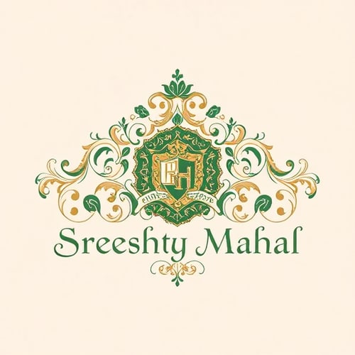 AI Design for Emblem for a classic, royal, and luxury art and craft business named "Sreeshty Mahal": A regal crest incorporating intricate floral motifs and subtle filigree, evoking a sense of heritage and exquisite craftsmanship, a rich, deep jewel-toned palette of emerald green, sapphire blue, and opulent gold with hints of antique ivory, elegant serif typography with calligraphic flourishes, designed with a Renaissance art influence and a Baroque stylistic direction, featuring detailed line work and shading to create depth and a sense of three-dimensionality, on a subtle parchment texture background.