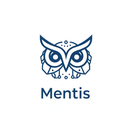 AI Design for Pictorial for an AI mentor and smart attendance website named Mentis: an abstract, interconnected neural network forming a stylized "M" or owl-like head with subtle circuit board patterns within, representing intelligence and guidance. White, transparent background. Minimalist, modern, and sophisticated. Clean lines, geometric shapes, and negative space. Smooth gradients or subtle line art.