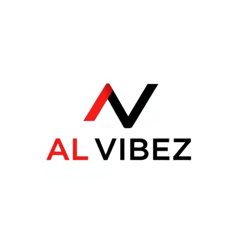 AI Design for Minimalist for a CLUB named "AL VIBEZ": Abstract geometric shape that subtly incorporates the first letter of the business name, red and black as the primary color, with secondary neutral tones like charcoal grey or a muted silver, sans-serif typeface with clean lines and good readability. Design with a focus on negative space and scalability, creating a bold yet understated mark, and use a clean white or transparent background.
