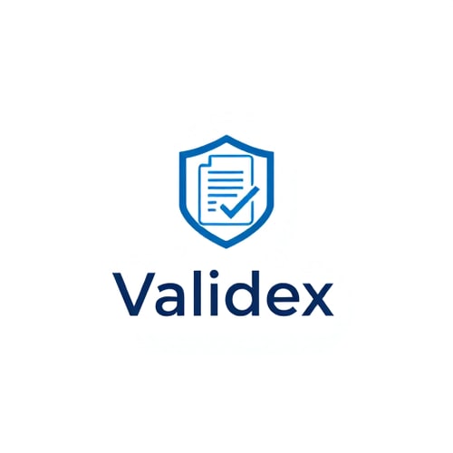 AI Design for Minimalist logo for an academic certificate authenticity validator platform named "Validex": A subtle integration of a shield or checkmark with a document icon, representing security, verification, and authenticity. (transparant background)