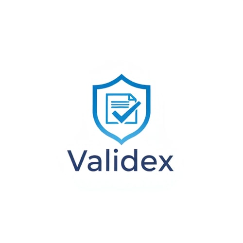 AI Design for Minimalist logo for an academic certificate authenticity validator platform named "Validex": A subtle integration of a shield or checkmark with a document icon, representing security, verification, and authenticity. (transparant background)