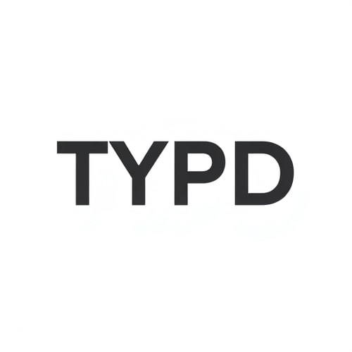 AI Design for A sleek and professional logotype for the brand TYPD. The design is minimalist, using a bold, clean, and geometric sans-serif typeface. A subtle, smart design element is created by using a single, thin vertical line that runs through the negative space of the letter D. This line should be a contrasting element to the bold form of the letters, extending slightly beyond the top and bottom of the D to give it a unique, signature look. The logo should be monochromatic, rendered in a sophisticated dark charcoal gray on a clean white background.