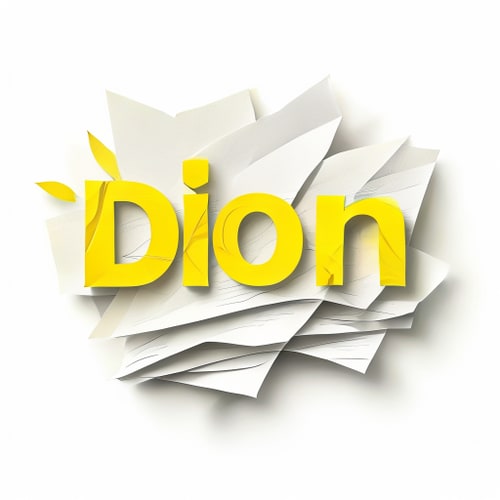 AI Design for A name DION written in capital letters with pale yellow and depicting paper sheets sheets and industry