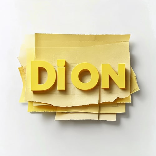 AI Design for A name DION written in capital letters with pale yellow and depicting paper sheets sheets and industry