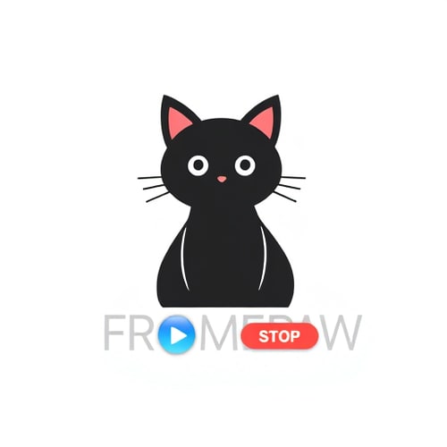 AI Design for Design logo for "FramePaw'. It should contain black cat sitting, and play and stop button. 