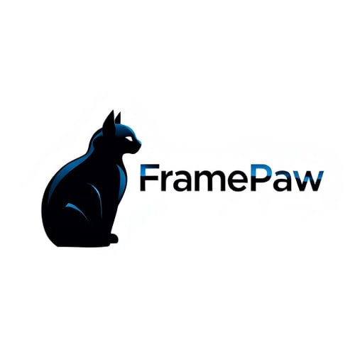 AI Design for Pictorial logo for a YouTube channel named "FramePaw": A sleek, monocolor, simple(not cartoon), futuristic black cat, depicted in silhouette, is positioned on the left, gazing towards the left. The channel name "FramePaw" is elegantly rendered to the right of the cat. Black, dark blue, and metallic silver, Futurist and Art Deco, sharp geometric lines with subtle curves, clean and striking, white background