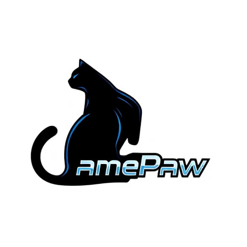 AI Design for Pictorial logo for a YouTube channel named "FramePaw": A sleek, monocolor, simple(not cartoon), futuristic black cat, depicted in silhouette, is positioned on the left, gazing towards the left. The channel name "FramePaw" is elegantly rendered to the right of the cat. Black, dark blue, and metallic silver, Futurist and Art Deco, sharp geometric lines with subtle curves, clean and striking, white background