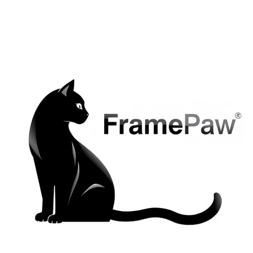 AI Design for Pictorial logo for a YouTube channel named "FramePaw": A sleek, monocolor, simple(not cartoon), futuristic black cat, depicted in silhouette, is positioned on the left, gazing towards the left. The channel name "FramePaw" is elegantly rendered to the right of the cat. Black, gray, and metallic silver, Futurist and Art Deco, sharp geometric lines with subtle curves, clean and striking, white background