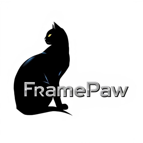 AI Design for Pictorial logo for a YouTube channel named "FramePaw": A sleek, monocolor, simple(not cartoon), futuristic black cat, depicted in silhouette, is positioned on the left, gazing towards the left. The channel name "FramePaw" is elegantly rendered to the right of the cat. Black, gray, and metallic silver, Futurist and Art Deco, sharp geometric lines with subtle curves, clean and striking, white background