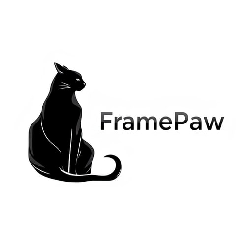 AI Design for Pictorial logo for a YouTube channel named "FramePaw": A sleek, monocolor, simple(not cartoon), futuristic black cat, depicted in silhouette, is positioned on the left, gazing towards the right. The channel name "FramePaw" is elegantly rendered to the right of the cat. Black, gray, and metallic silver, Futurist and Art Deco, sharp geometric lines with subtle curves, clean and striking, white background