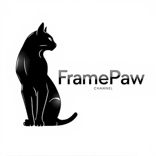 AI Design for Pictorial logo for a YouTube channel named "FramePaw": A sleek, monocolor, simple(not cartoon), futuristic black cat, depicted in silhouette, is positioned on the left, gazing towards the right. The channel name "FramePaw" is elegantly rendered to the right of the cat. Black, gray, and metallic silver, Futurist and Art Deco, sharp geometric lines with subtle curves, clean and striking, white background