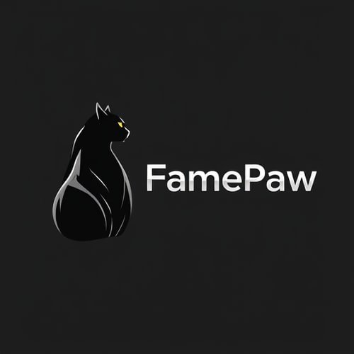 AI Design for Pictorial logo for a YouTube channel named "FramePaw": A sleek, monocolor, simple(not cartoon), futuristic black cat, depicted in silhouette, is positioned on the left, gazing towards the right. The channel name "FramePaw" is elegantly rendered to the right of the cat. Black, white, and metallic silver, Futurist and Art Deco, sharp geometric lines with subtle curves, clean and striking, solid background in a deep, dark gray.