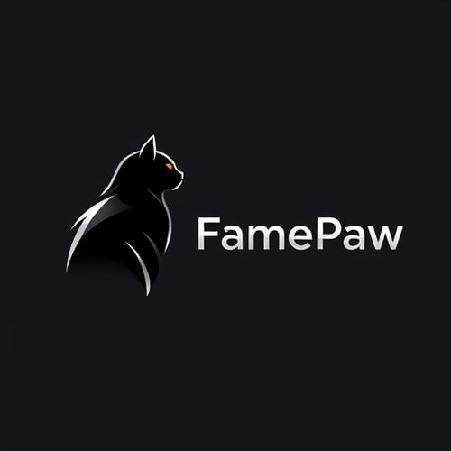 AI Design for Pictorial logo for a YouTube channel named "FramePaw": A sleek, monocolor, simple(not cartoon), futuristic black cat, depicted in silhouette, is positioned on the left, gazing towards the right. The channel name "FramePaw" is elegantly rendered to the right of the cat. Black, white, and metallic silver, Futurist and Art Deco, sharp geometric lines with subtle curves, clean and striking, solid background in a deep, dark gray.