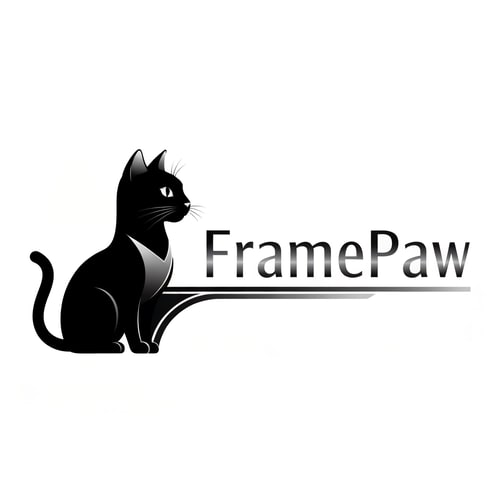 AI Design for Pictorial logo for a YouTube channel named "FramePaw": A sleek, monocolor, simple(not cartoon), futuristic black cat, depicted in silhouette, is positioned on the left, gazing towards the right. The channel name "FramePaw" is elegantly rendered to the right of the cat. Black, gray, and metallic silver, Futurist and Art Deco, sharp geometric lines with subtle curves, clean and striking, white background
