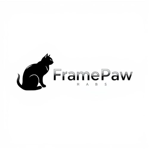 AI Design for Pictorial logo for a YouTube channel named "FramePaw": A sleek, monocolor, simple, futuristic black cat, depicted in silhouette, is positioned on the left, gazing towards the left. The channel name "FramePaw" is elegantly rendered to the right of the cat. Black, gray, and metallic silver, Futurist and Art Deco, sharp geometric lines with subtle curves, clean and striking, white background.