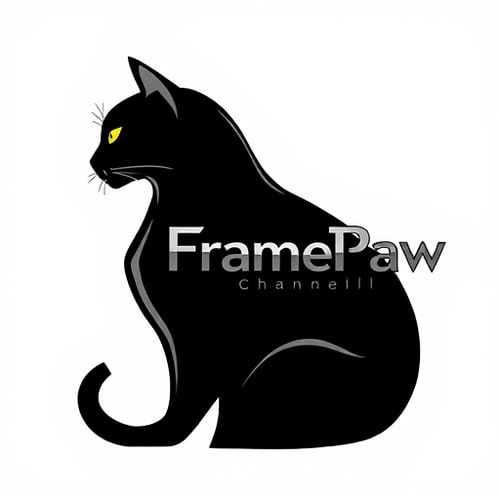 AI Design for Pictorial logo for a YouTube channel named "FramePaw": A sleek, monocolor, simple, futuristic black cat, depicted in silhouette, is positioned on the left, gazing towards the left. The channel name "FramePaw" is elegantly rendered to the right of the cat. Black, gray, and metallic silver, Futurist and Art Deco, sharp geometric lines with subtle curves, clean and striking, white background.