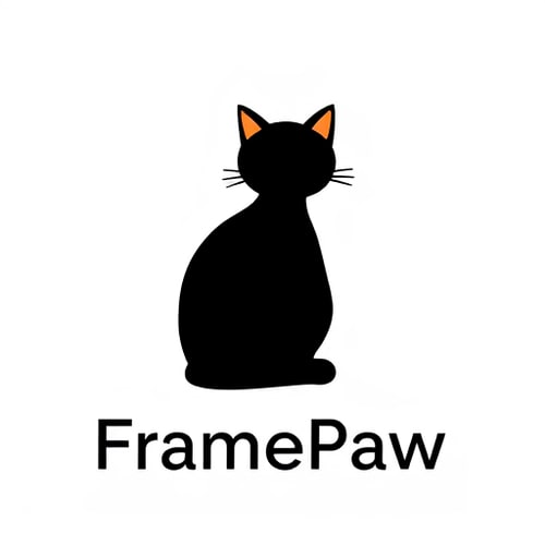 AI Design for Character logo for a pet photography service named "FramePaw": A black cat silhouette sitting elegantly, incorporated with subtle play and stop buttons. Black, white, and a warm accent color. Clean, modern sans-serif font. Inspired by vintage film reels and modern UI design, with a focus on a playful yet professional aesthetic. The cat's tail could subtly form a play button shape, and its body could suggest a stop button. Solid, simple shapes. White background.