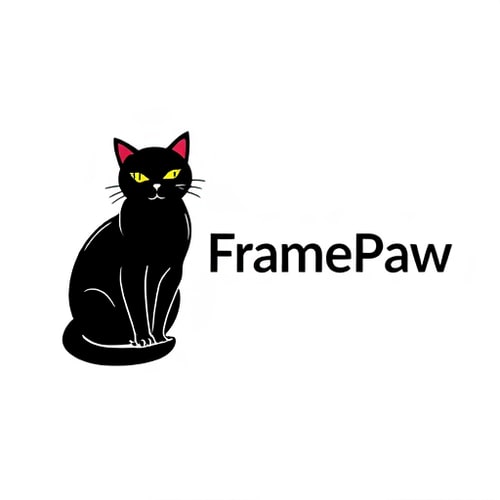 AI Design for Logo for youtube channel "FramePaw". There must be black cat sitting on the left of logo. On the right side there must be name of channel. Make it monogram
