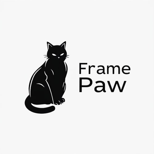 AI Design for Logo for youtube channel "FramePaw". There must be black cat sitting on the left of logo. Make him monocolor, looking futuristic. On the right side there is name of channel. Font should be elegant