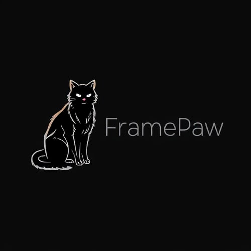 AI Design for Logo for youtube channel "FramePaw". There must be black cat sitting on the left of logo. Make him monocolor, looking futuristic. On the right side there is name of channel. Font should be elegant