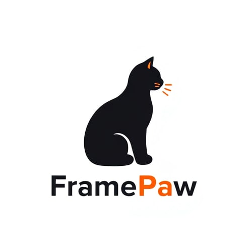 AI Design for Design logo for "FramePaw'. It should contain black cat sitting, and play and stop button. Minimalistic logo