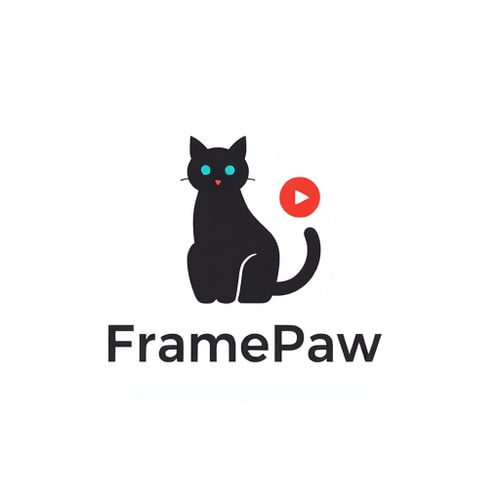 AI Design for Design logo for "FramePaw'. It should contain black cat sitting, and play and stop button. Minimalistic logo