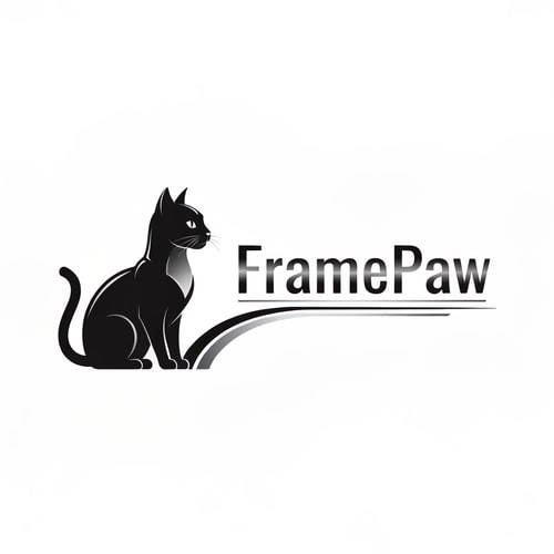 AI Design for Pictorial logo for a YouTube channel named "FramePaw": A sleek, monocolor, simple(not cartoon), futuristic black cat, depicted in silhouette, is positioned on the left, gazing towards the right. The channel name "FramePaw" is elegantly rendered to the right of the cat. Black, gray, and metallic silver, Futurist and Art Deco, sharp geometric lines with subtle curves, clean and striking, white background