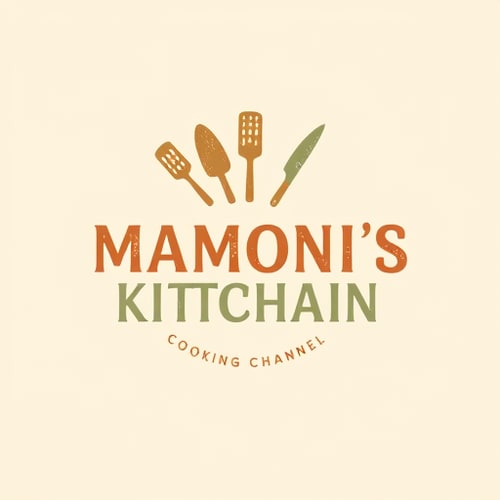 AI Design for Wordmark for a cooking channel named "MAMONI'S KITCHAIN": Whimsical cutlery illustration integrated into the text, Warm and inviting earth tones (terracotta, cream, sage green), Friendly and slightly rustic sans-serif font. Design with a handcrafted feel, subtle texture in the lettering, and a clean, off-white background.
