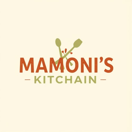 AI Design for Wordmark for a cooking channel named "MAMONI'S KITCHAIN": Whimsical cutlery illustration integrated into the text, Warm and inviting earth tones (terracotta, cream, sage green), Friendly and slightly rustic sans-serif font. Design with a handcrafted feel, subtle texture in the lettering, and a clean, off-white background.