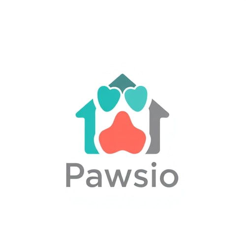 AI Design for Pictorial logo for an aggregator startup for pet home chains, shelters, and clinics named "Pawsio": A stylized paw print seamlessly integrated with a house silhouette, symbolizing connection and home. Vibrant yet calming colors like teal, a warm coral, and a neutral grey. Clean, modern sans-serif typography. Design inspired by modern, friendly, and trustworthy branding, with a slightly whimsical touch. Visual execution features clean lines and subtle gradients. White background.